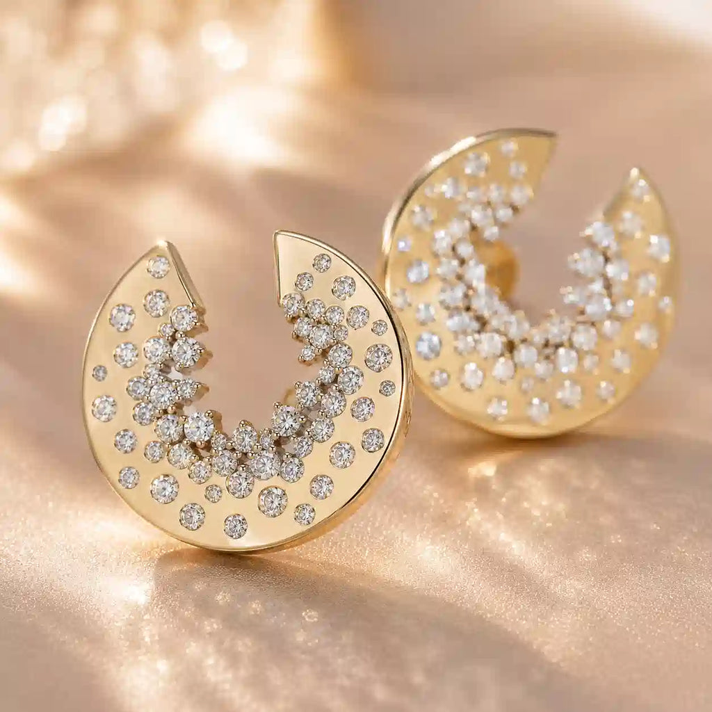 Pavé Round Cut Yellow Gold Statement Hoop Earrings For Women