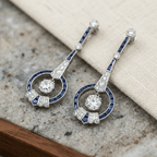 Art Deco Halo Cushion Cut Blue Sapphire Drop Earrings For Women