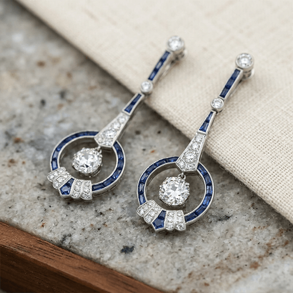 Art Deco Halo Cushion Cut Blue Sapphire Drop Earrings For Women