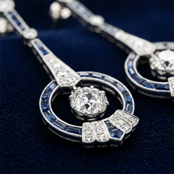 Art Deco Halo Cushion Cut Blue Sapphire Drop Earrings For Women