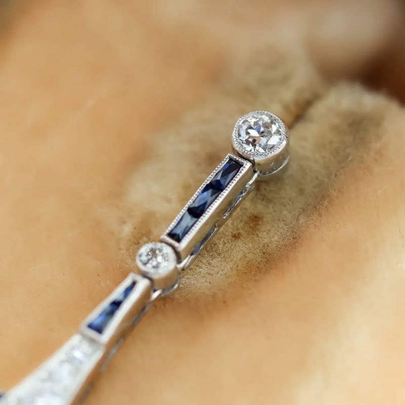 Art Deco Cushion Cut White & Blue Sapphire Earrings Drop Earrings For Women Belovegrace