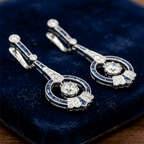 Art Deco Halo Cushion Cut Blue Sapphire Drop Earrings For Women