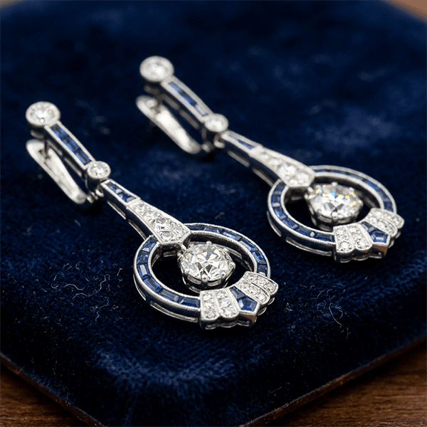 Art Deco Halo Cushion Cut Blue Sapphire Drop Earrings For Women