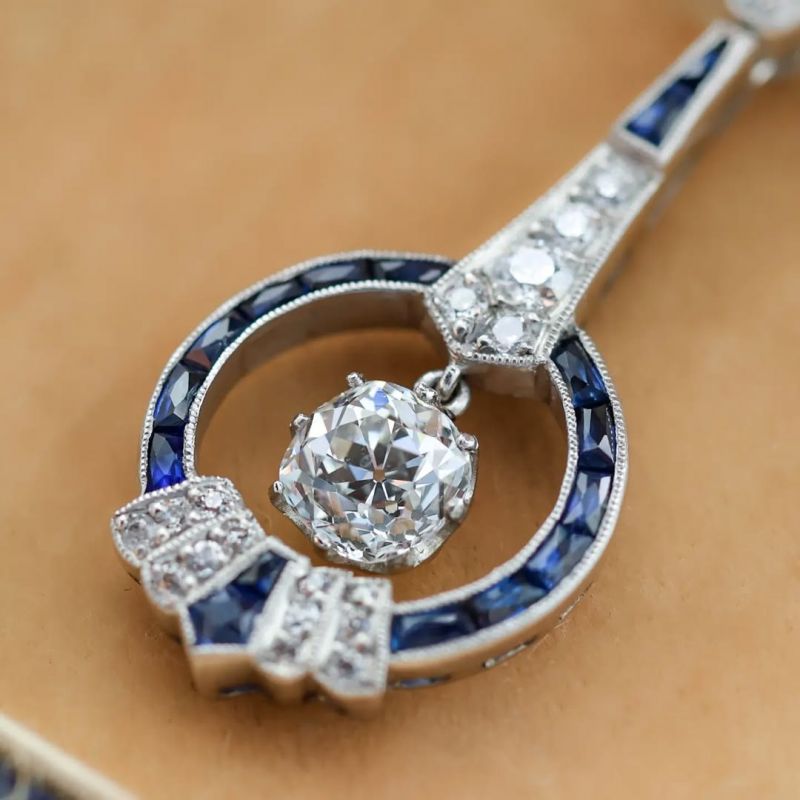 Art Deco Cushion Cut White & Blue Sapphire Earrings Drop Earrings For Women Belovegrace