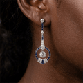 Art Deco Halo Cushion Cut Blue Sapphire Drop Earrings For Women