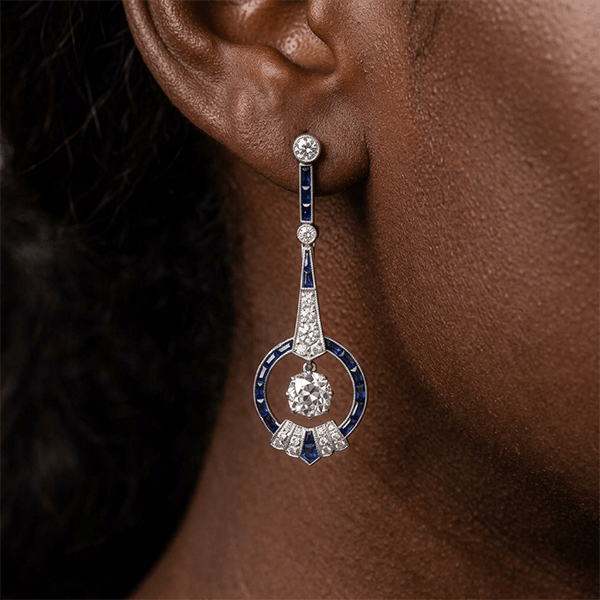 Art Deco Halo Cushion Cut Blue Sapphire Drop Earrings For Women