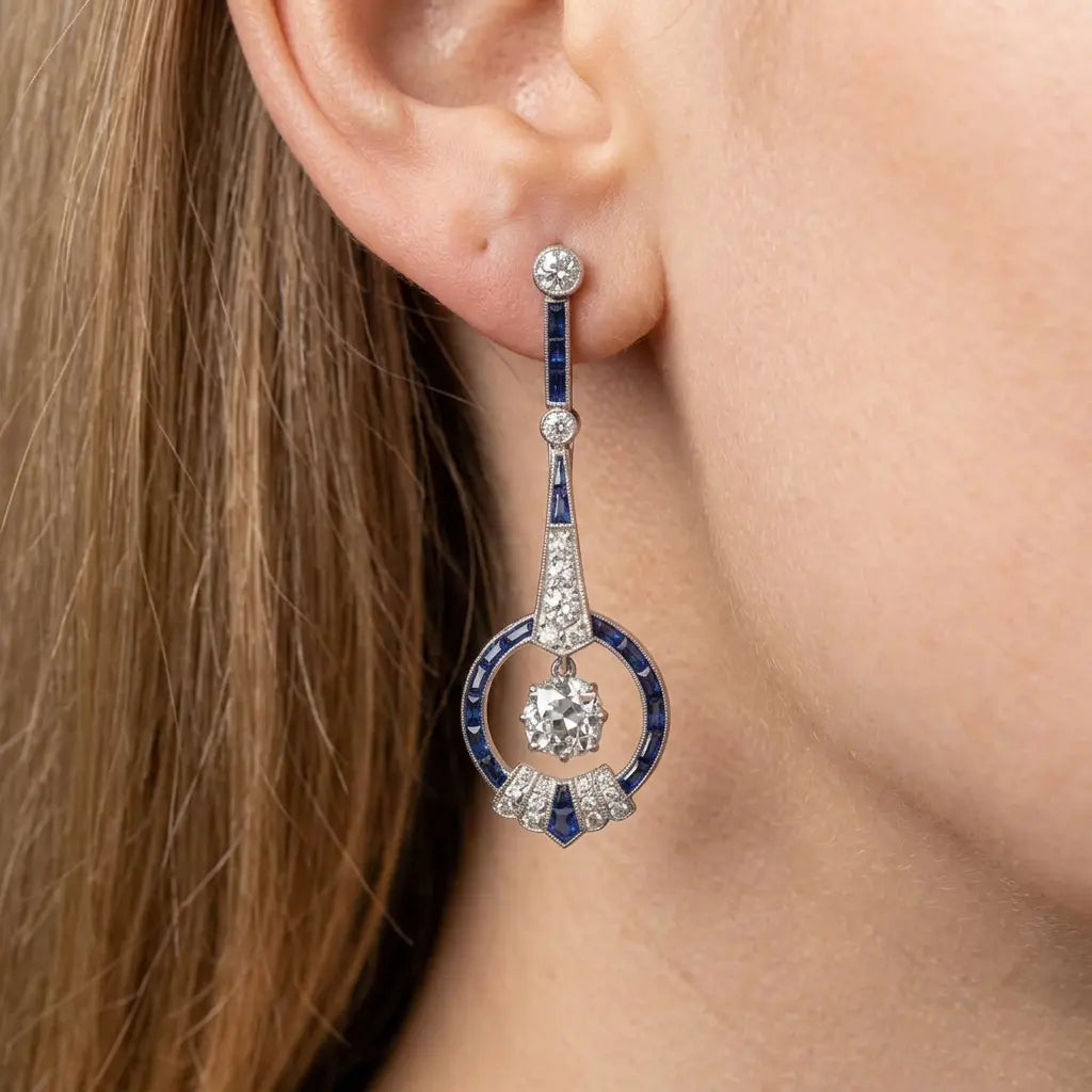 Art Deco Halo Cushion Cut Blue Sapphire Drop Earrings For Women