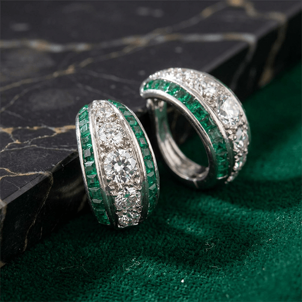 Triple Row Round & Baguette Cut White & Emerald Sapphire Hoop Earrings For Women