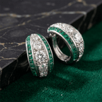 Triple Row Round & Baguette Cut White & Emerald Sapphire Hoop Earrings For Women