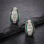 Triple Row Round & Baguette Cut White & Emerald Sapphire Hoop Earrings For Women