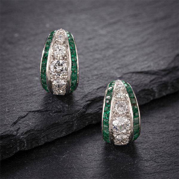 Triple Row Round & Baguette Cut White & Emerald Sapphire Hoop Earrings For Women