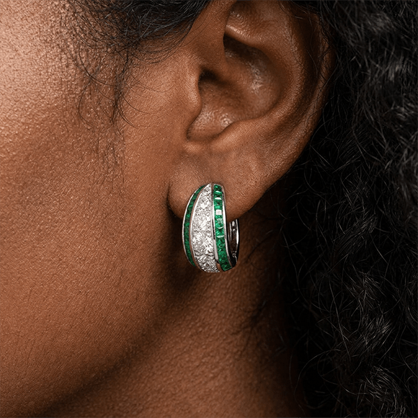 Triple Row Round & Baguette Cut White & Emerald Sapphire Hoop Earrings For Women