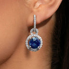 Halo Round Cut Blue Sapphire Drop Earrings For Women Belovegrace