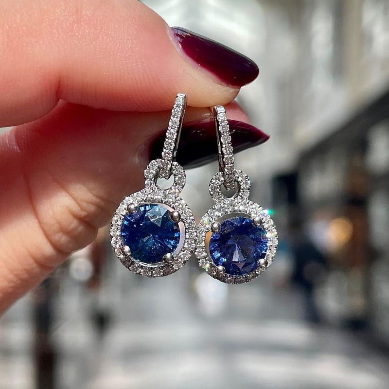 Halo Round Cut Blue Sapphire Drop Earrings For Women Belovegrace