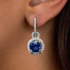 Halo Round Cut Blue Sapphire Drop Earrings For Women Belovegrace