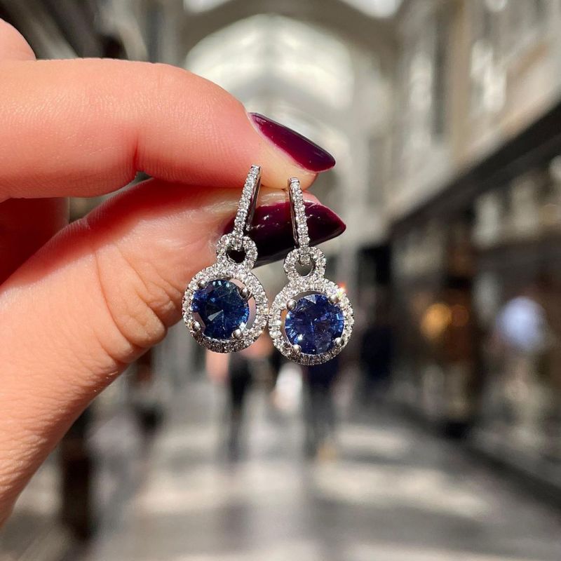 Halo Round Cut Blue Sapphire Drop Earrings For Women Belovegrace
