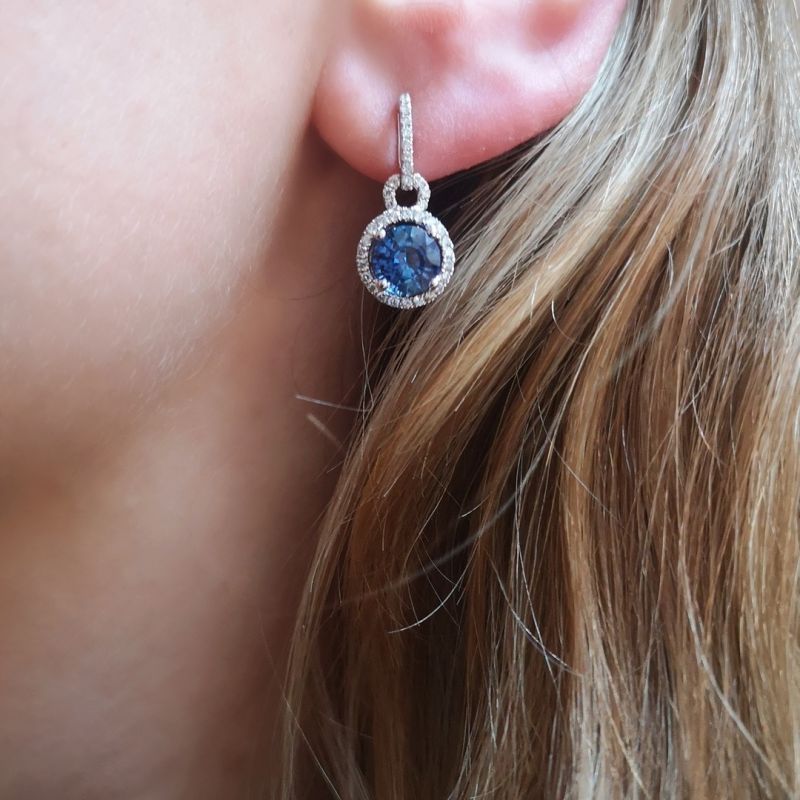 Halo Round Cut Blue Sapphire Drop Earrings For Women Belovegrace
