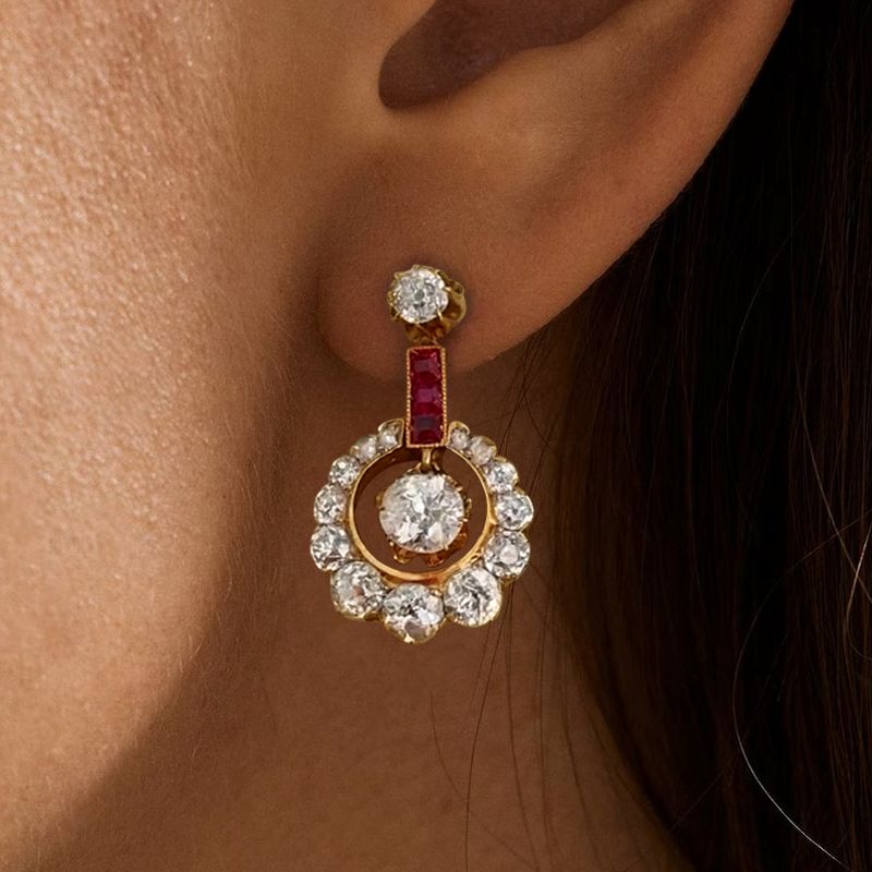 Rose Gold Round Cut White & Ruby Sapphire Drop Earrings For Women Belovegrace