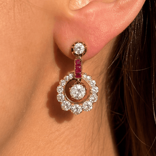 Retro Circular Round Cut Lab Ruby Sapphire Halo Dangle Earrings For Women