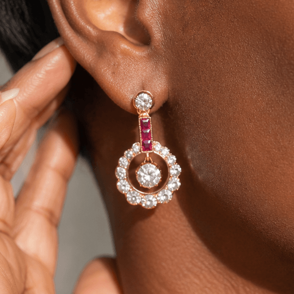 Retro Circular Round Cut Lab Ruby Sapphire Halo Dangle Earrings For Women