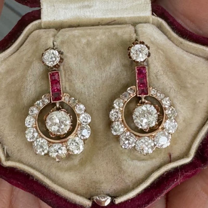Rose Gold Round Cut White & Ruby Sapphire Drop Earrings For Women Belovegrace