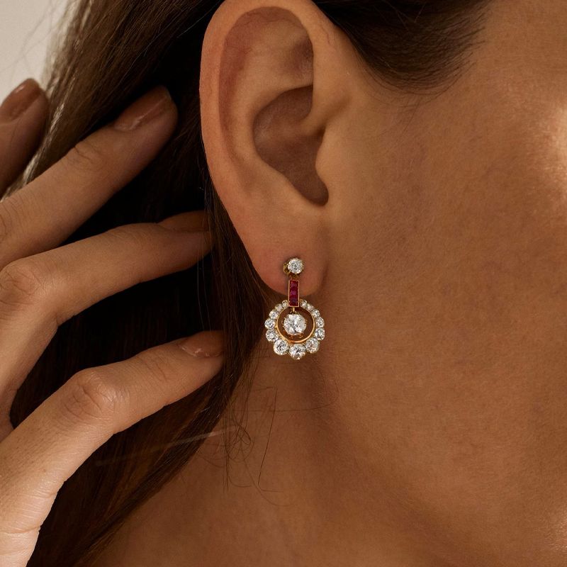 Rose Gold Round Cut White & Ruby Sapphire Drop Earrings For Women Belovegrace
