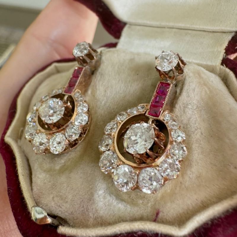 Rose Gold Round Cut White & Ruby Sapphire Drop Earrings For Women Belovegrace