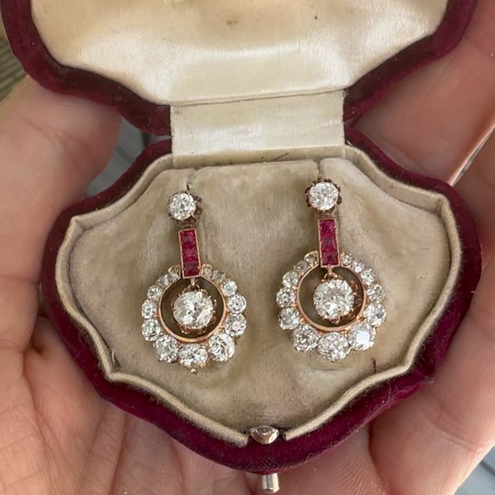 Rose Gold Round Cut White & Ruby Sapphire Drop Earrings For Women Belovegrace