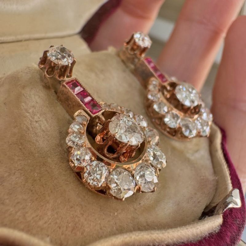 Rose Gold Round Cut White & Ruby Sapphire Drop Earrings For Women Belovegrace