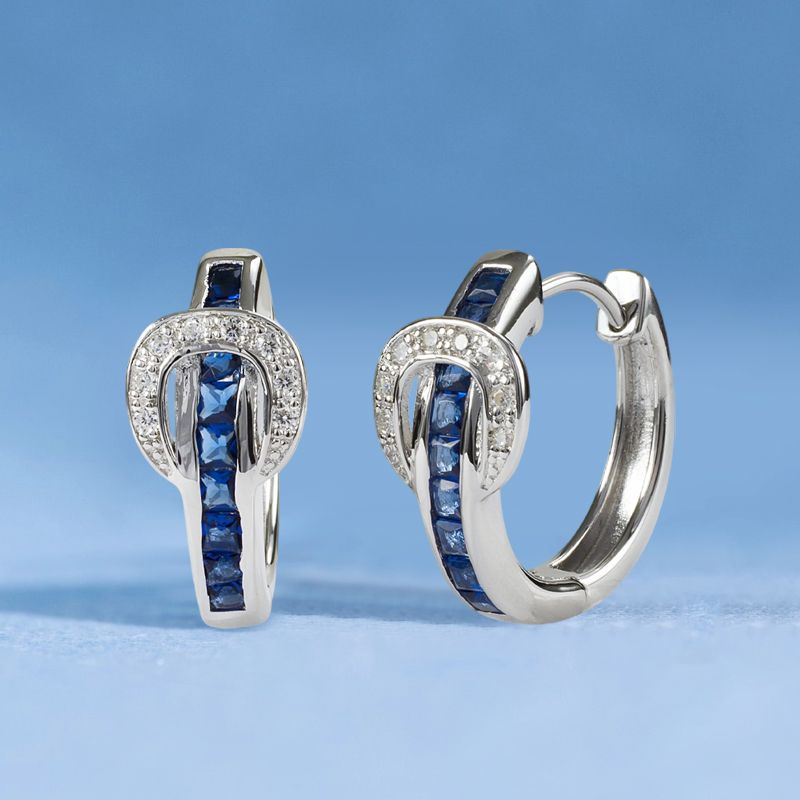 Blue Sapphire Princess & Round Cut Buckle Hoop Earrings For Women Belovegrace