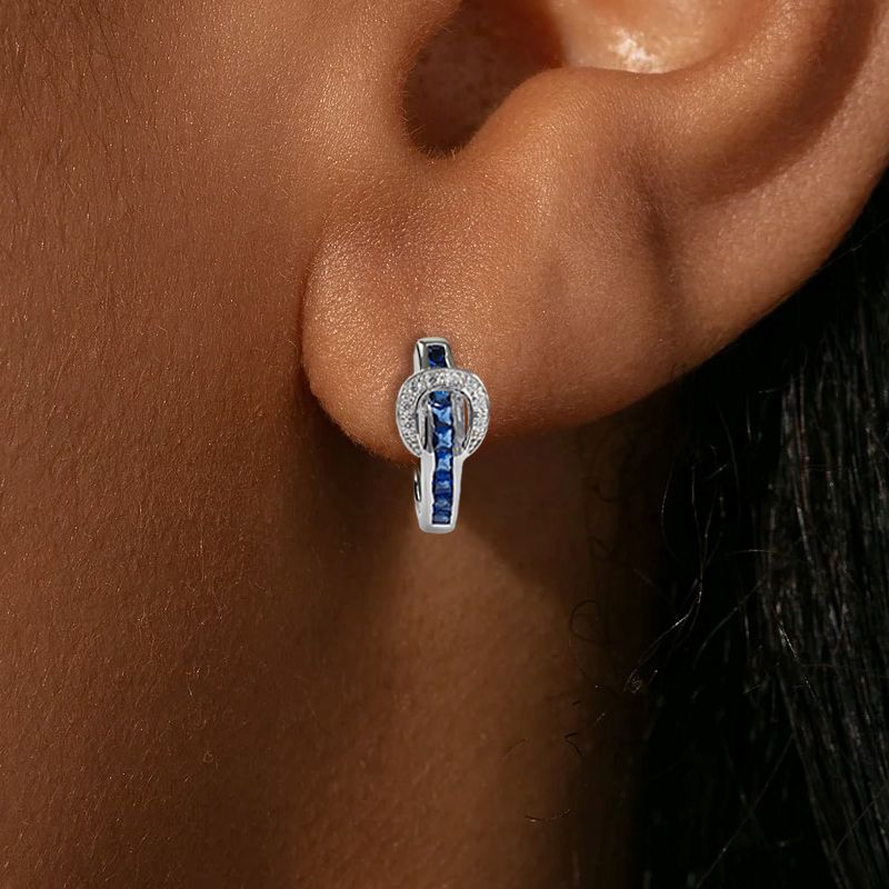 Blue Sapphire Princess & Round Cut Buckle Hoop Earrings For Women Belovegrace