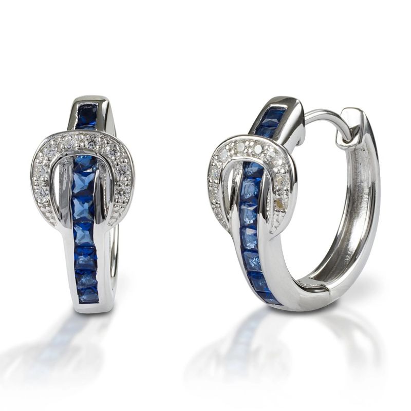 Blue Sapphire Princess & Round Cut Buckle Hoop Earrings For Women Belovegrace