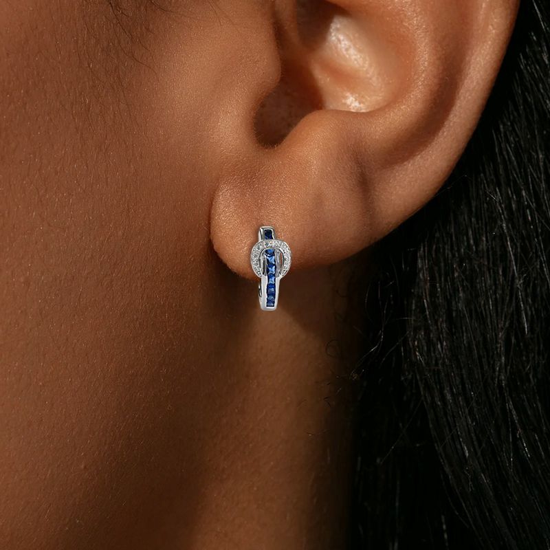 Blue Sapphire Princess & Round Cut Buckle Hoop Earrings For Women Belovegrace