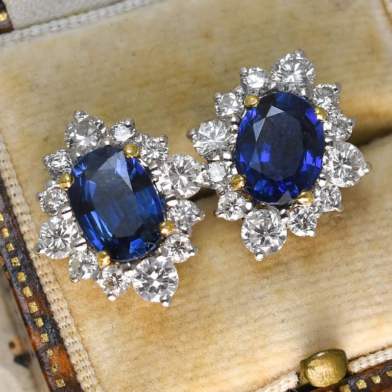 Two Tone Halo Oval Cut Blue Sapphire Stud Earrings For Women Belovegrace