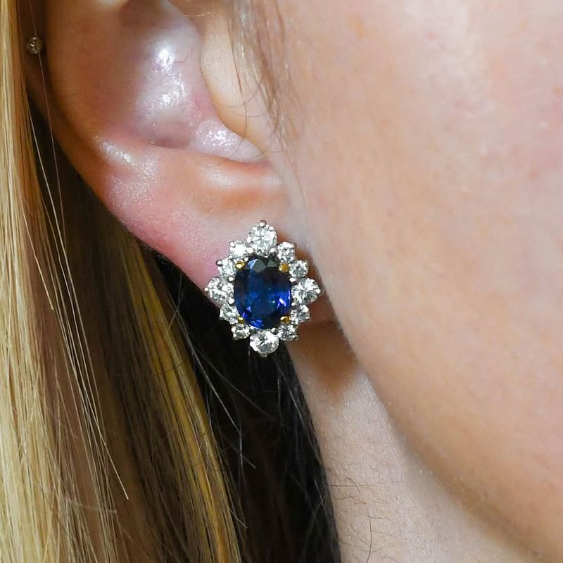 Two Tone Halo Oval Cut Blue Sapphire Stud Earrings For Women Belovegrace