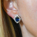 Two Tone Halo Oval Cut Blue Sapphire Stud Earrings For Women Belovegrace