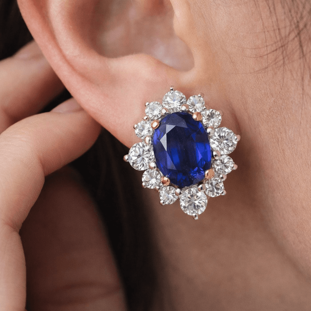 Floral Cluster Oval Cut Blue Sapphire Halo Stud Earrings For Women