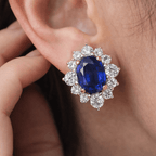Floral Cluster Oval Cut Blue Sapphire Halo Stud Earrings For Women
