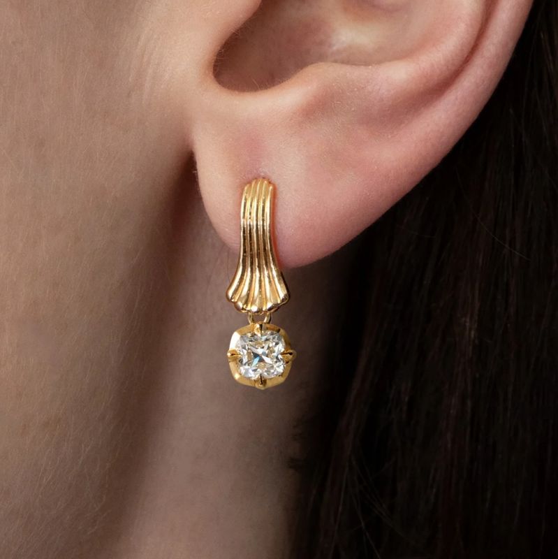 Golden Solitaire White Sapphire Cushion Cut Drop Earrings For Women Belovegrace