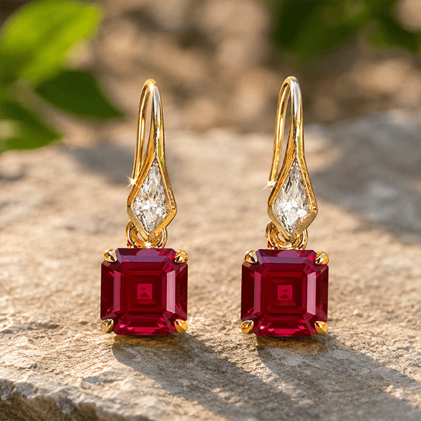 Golden Asscher & Noble Cut Ruby Sapphire Drop Earrings For Women