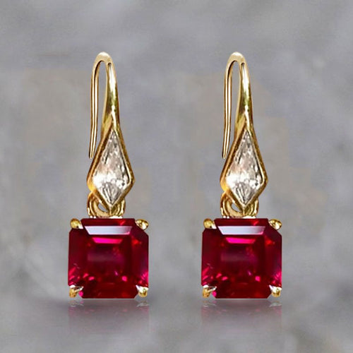 Golden Asscher & Noble Cut Ruby Sapphire Drop Earrings For Women Belovegrace