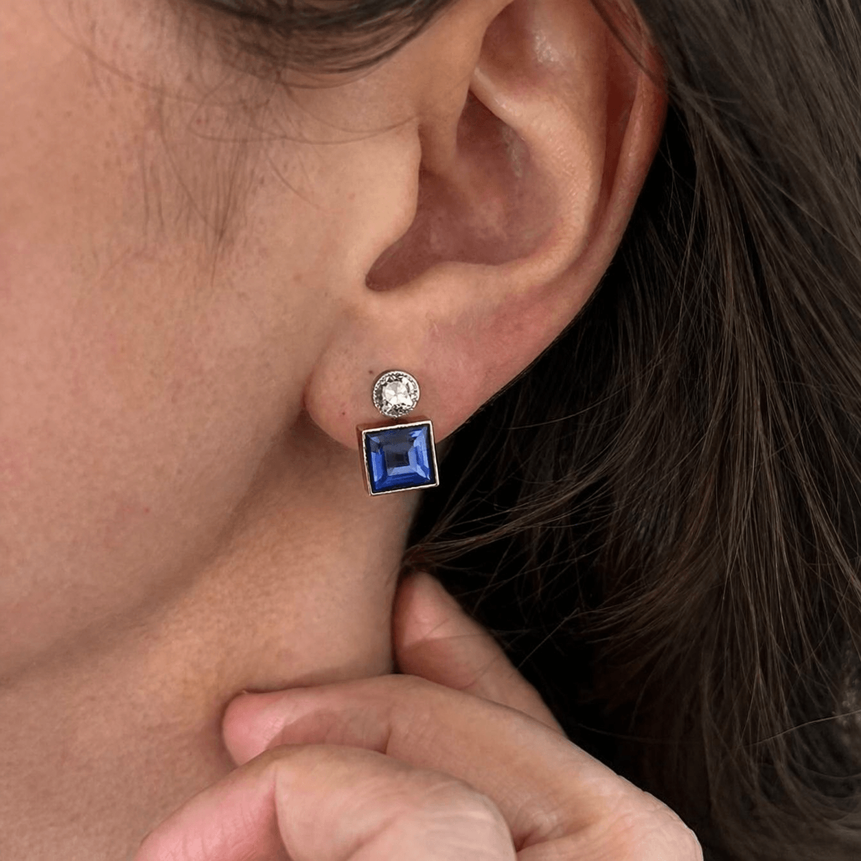 Art Deco Geometric Blue Sapphire Asscher Cut Bezel Set Drop Earrings For Women