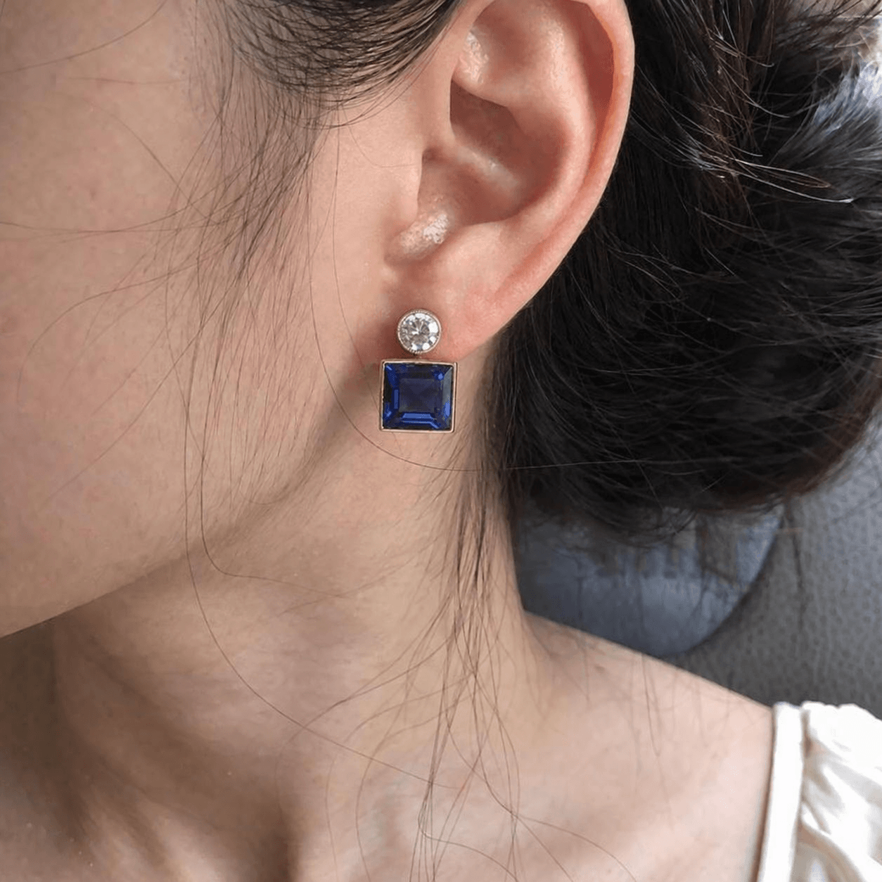 Art Deco Geometric Blue Sapphire Asscher Cut Bezel Set Drop Earrings For Women