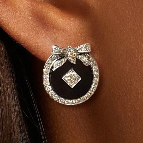 Art Deco Bow Design White Sapphire Round Cut Stud Earrings For Women Belovegrace