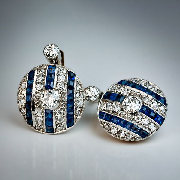 Art Deco Two Tone Round & Asscher Cut White & Blue Sapphire Drop Earrings For Women Belovegrace