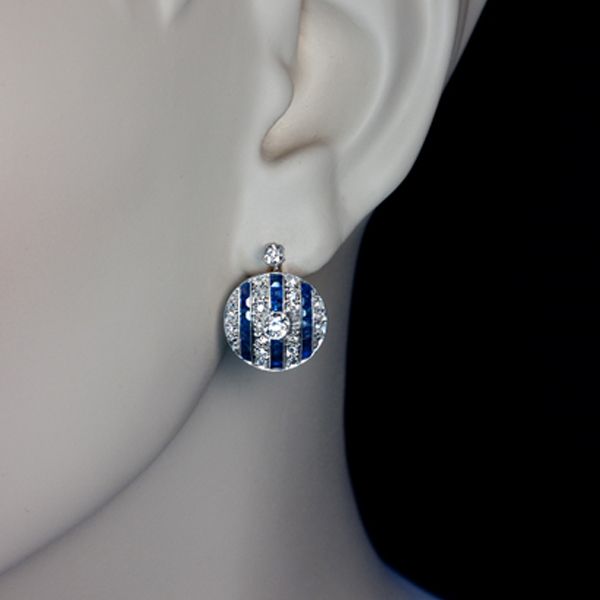 Art Deco Two Tone Round & Asscher Cut White & Blue Sapphire Drop Earrings For Women Belovegrace