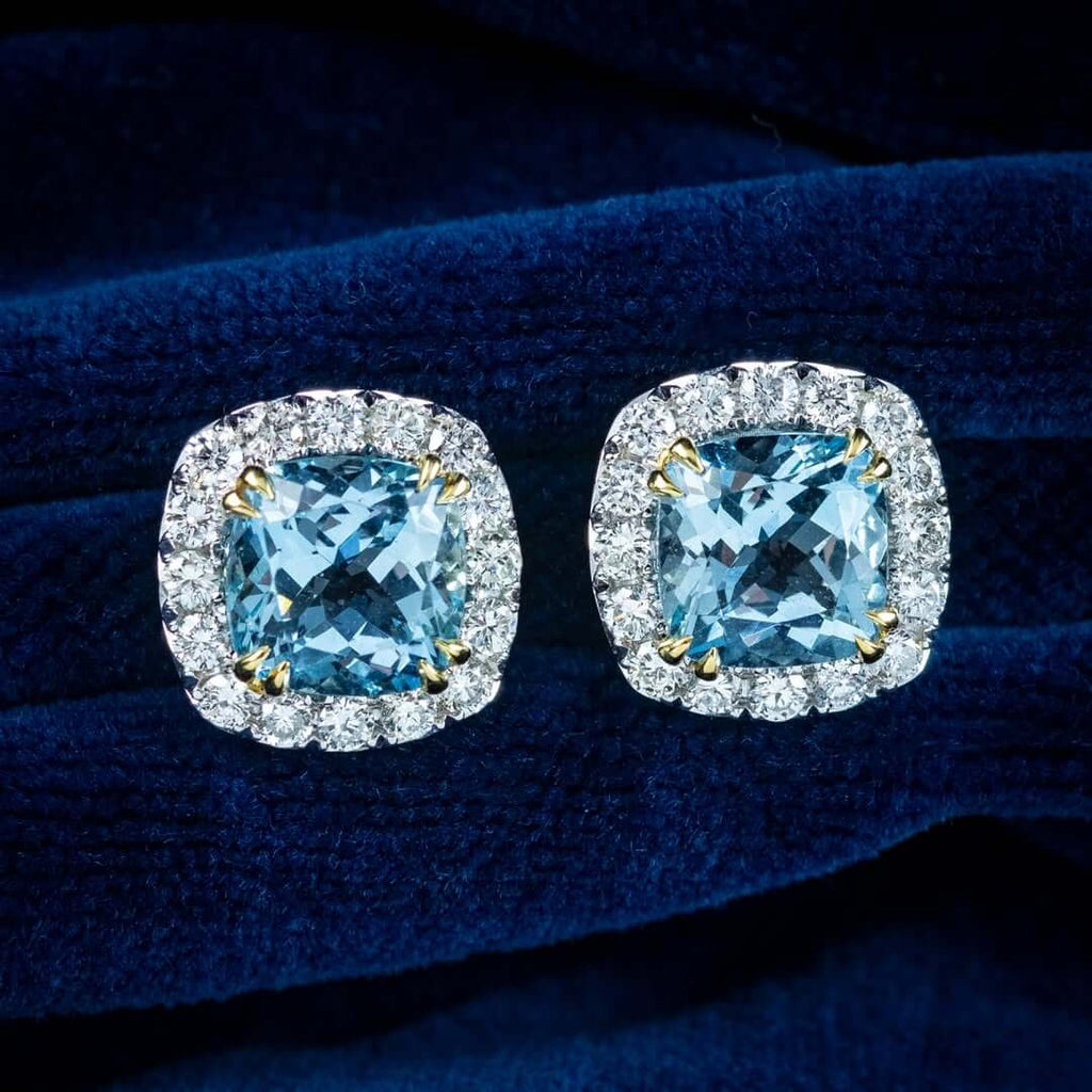 Aquamarine Jewelry Two Tone Halo Cushion Cut Aquamarine Sapphire Stud Earrings For Women