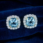 Aquamarine Jewelry Two Tone Halo Cushion Cut Aquamarine Sapphire Stud Earrings For Women