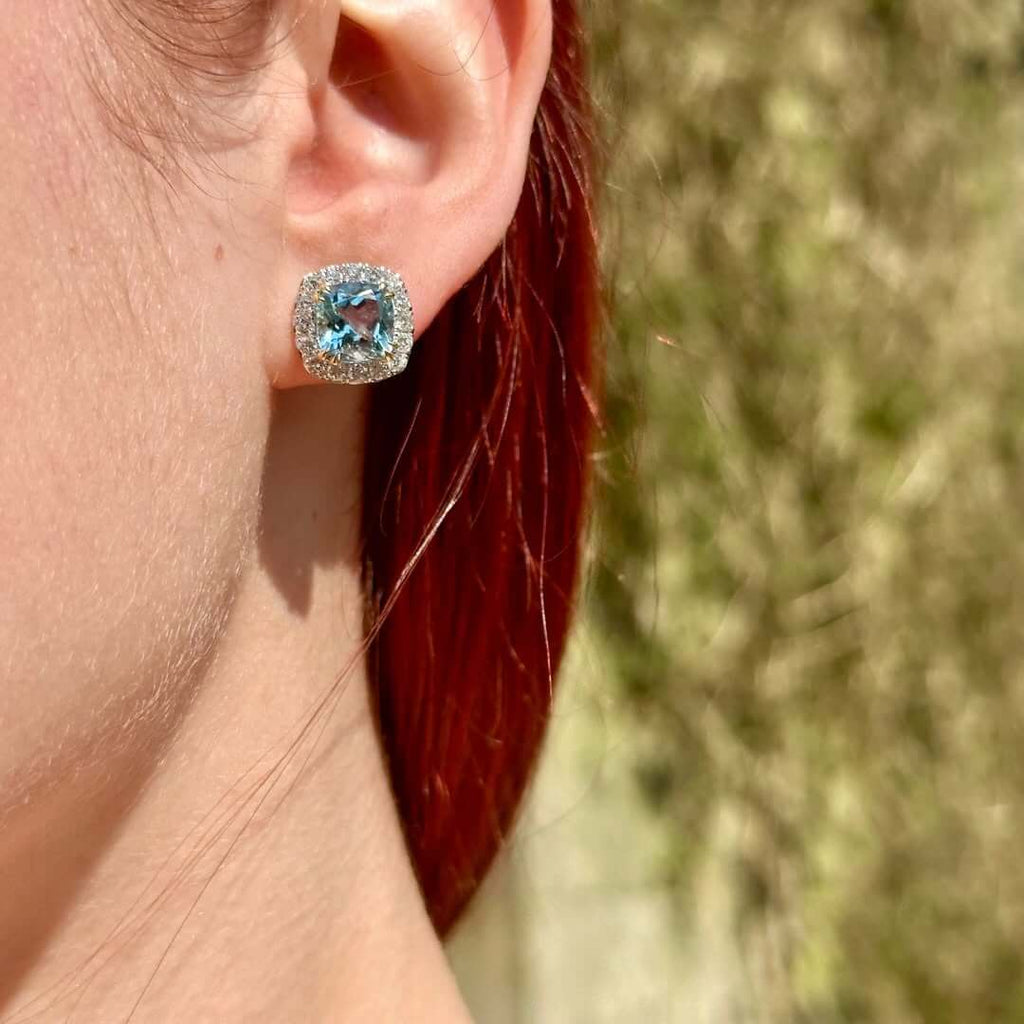 Aquamarine Jewelry Two Tone Halo Cushion Cut Aquamarine Sapphire Stud Earrings For Women