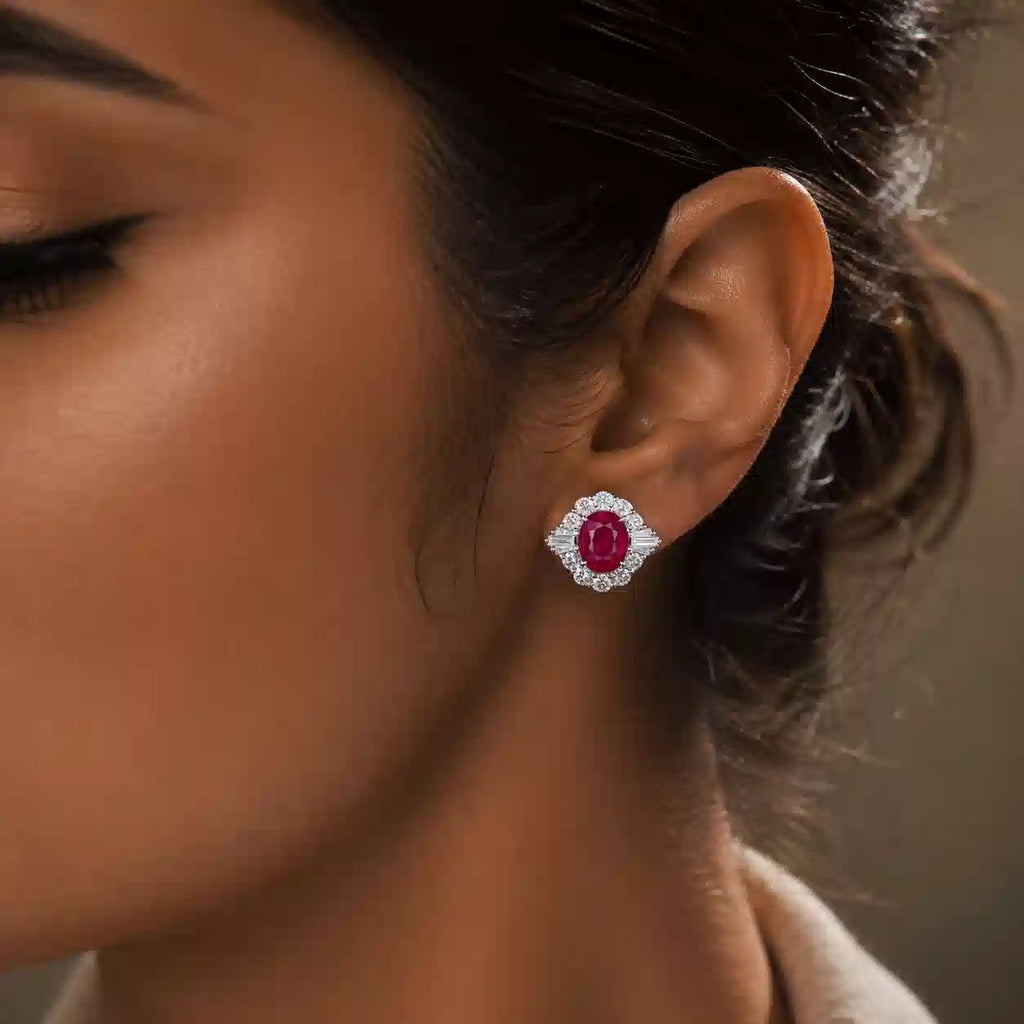 Luxury Jewelry Art Deco Halo Oval Cut Ruby Sapphire Stud Earrings For Women